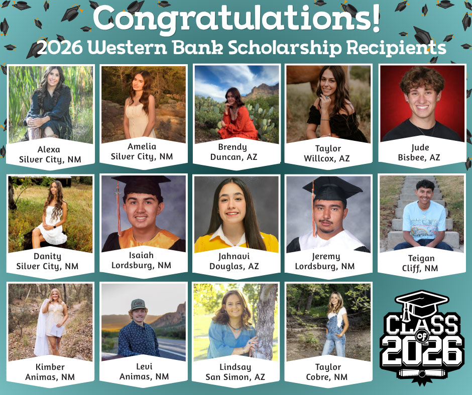 Graphic collage of scholarship winners headshot's and full name with text: Congratulations! 2026 Western Bank Scholarship Recipients